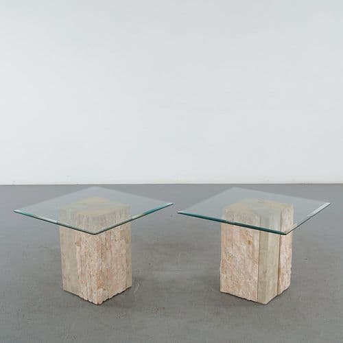 Pair of Glass Side Tables with Travertine Bases