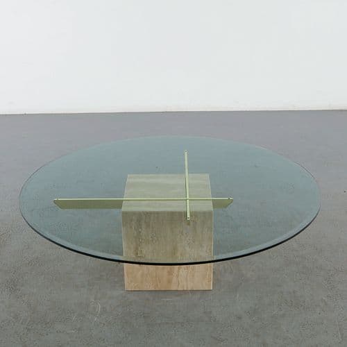 Artedi, Large Round Travertine and Glass and Brass Coffee Table, 1970s