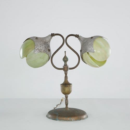 Double Lantern Tulip Table Lamp with Slag Glass Shades, 1930s