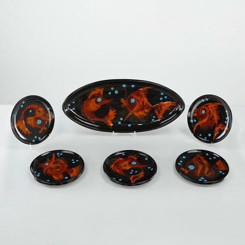 French Ceramic Fish-Motif Dinner Service, Signed, 1960s