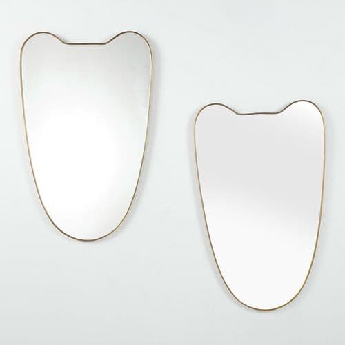 Pair of Italian Brass Mirrors, Notched Shield Form, 1950s