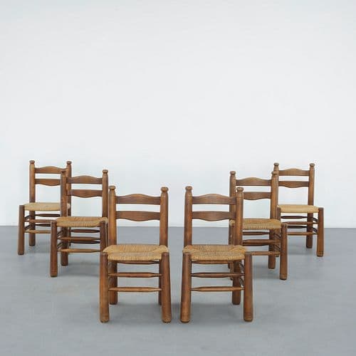 Charles Dudouyt, Set of Six Wood and Rope Chairs, 1950s