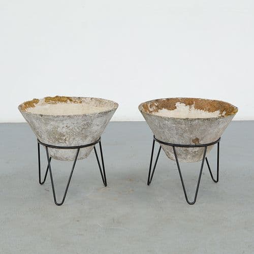 Willy Guhl, Pair of Conical Planters on Metal Stands, 1960s