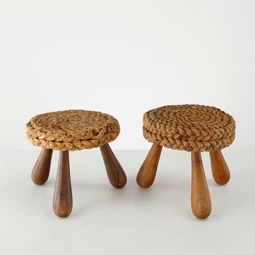 Audoux Minet, Pair of Wood and Rope Stools, France, 1960s