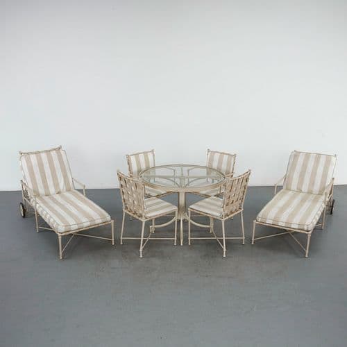 Brown Jordan, Florentine Wrought Iron Outdoor Dining Set with Matching Chaise Lounges, 1950s