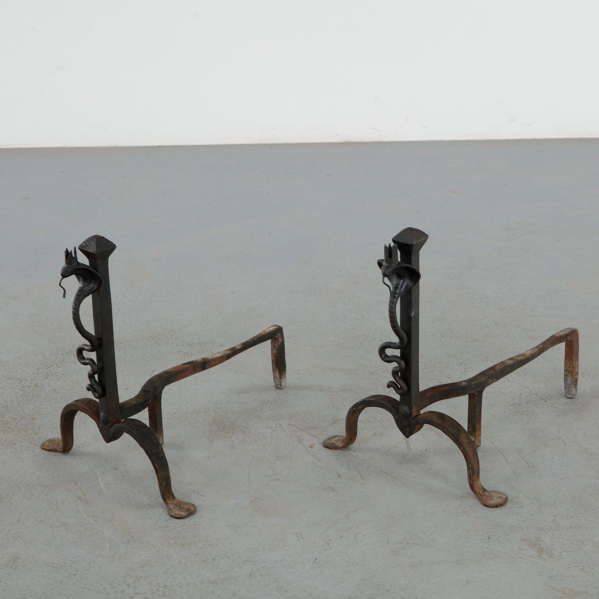 Pair of Italian Wrought Iron Snake Andirons, 1920s
