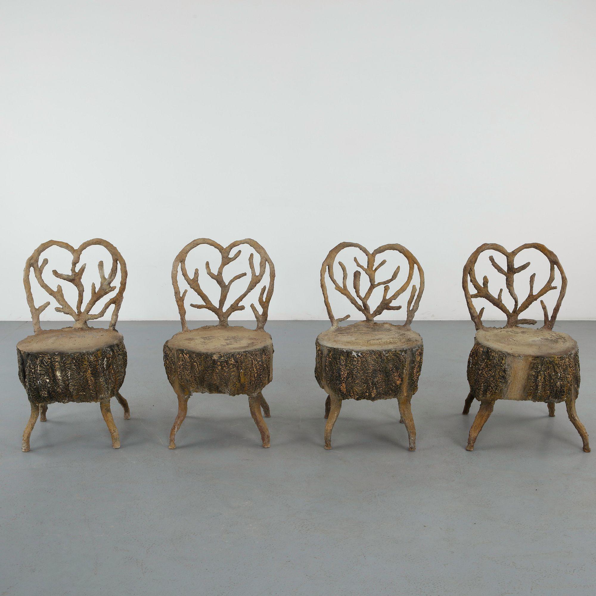 Set of Four Faux Bois Concrete Chairs
