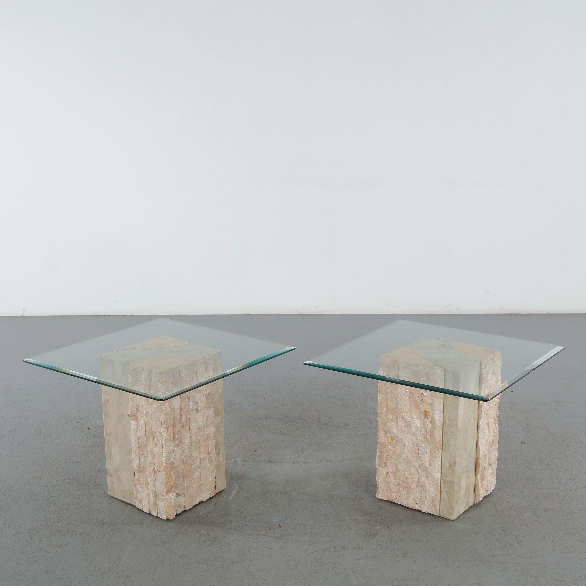 Pair of Glass Side Tables with Travertine Bases