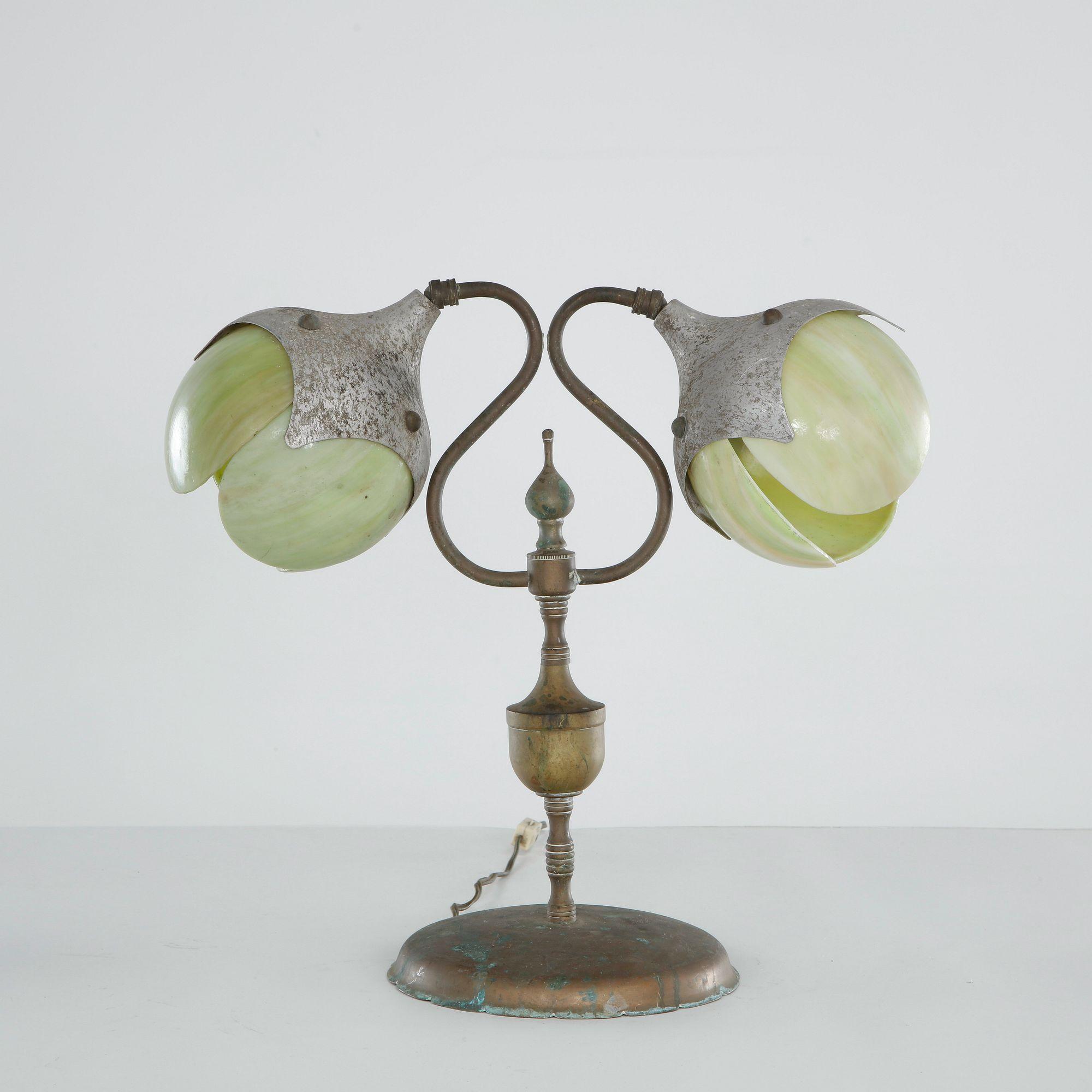 Double Lantern Tulip Table Lamp with Slag Glass Shades, 1930s