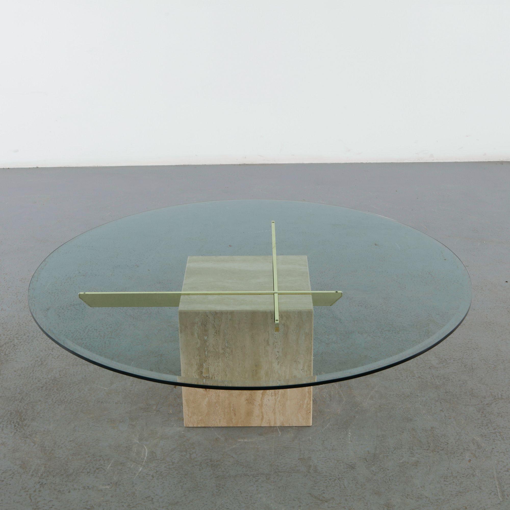 Artedi, Large Round Travertine and Glass and Brass Coffee Table, 1970s