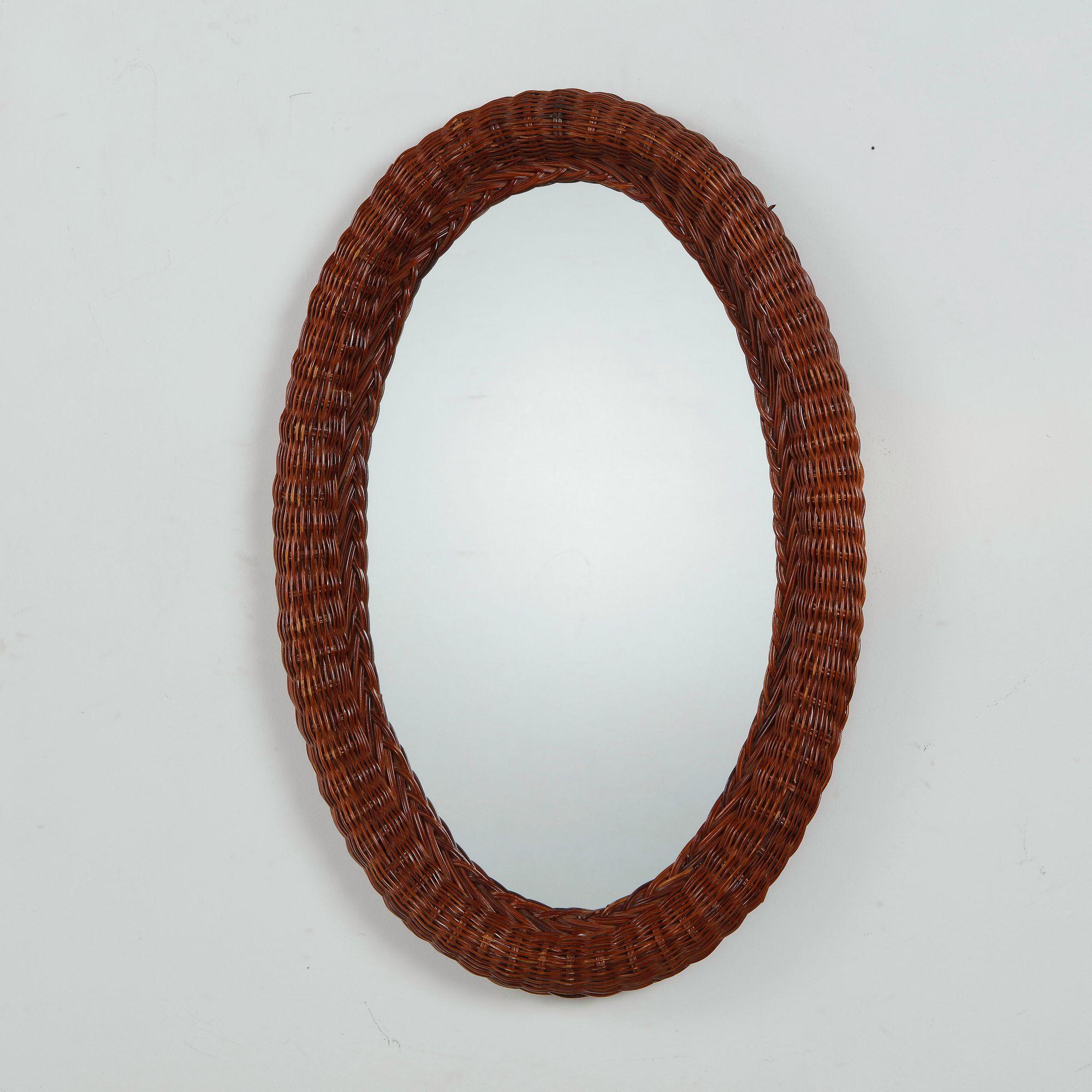 Audoux Minet, Woven Wicker Oval Mirror, Mid-Century