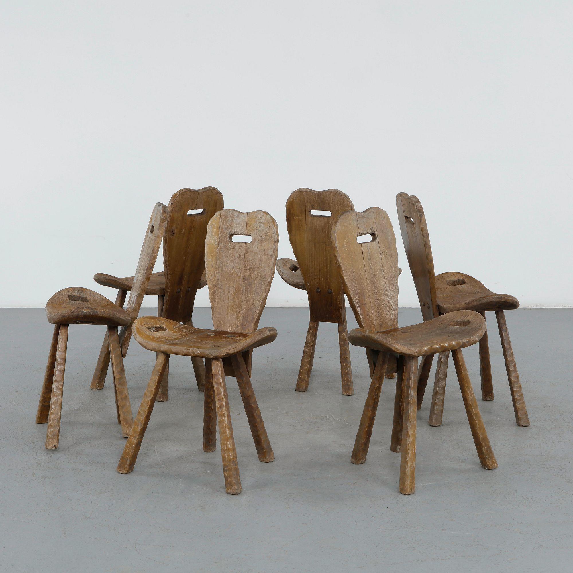 Set of Six Brutalist Wood Chairs, 1950s
