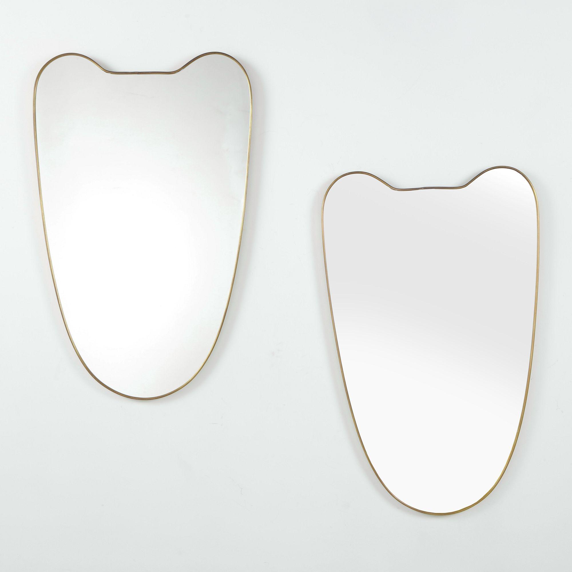 Pair of Italian Brass Mirrors, Notched Shield Form, 1950s