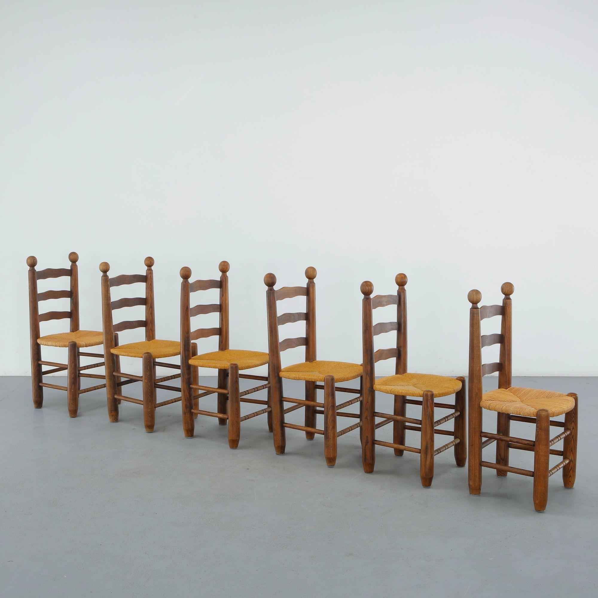 Charles Dudouyt, Set of Six Wood and Rope Chairs, 1950s