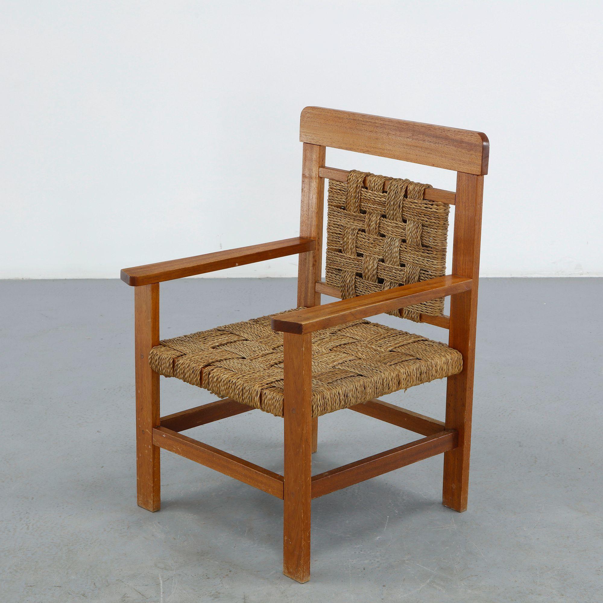 Wood and Rope Chair attributed to Audoux Minet, 1950s