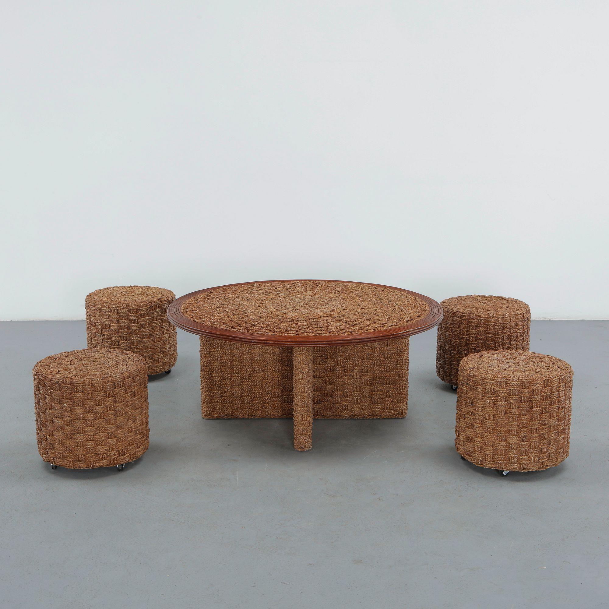 Organic Low Table with Four Handwoven Stools in the Style of Audoux Minet, 1960s