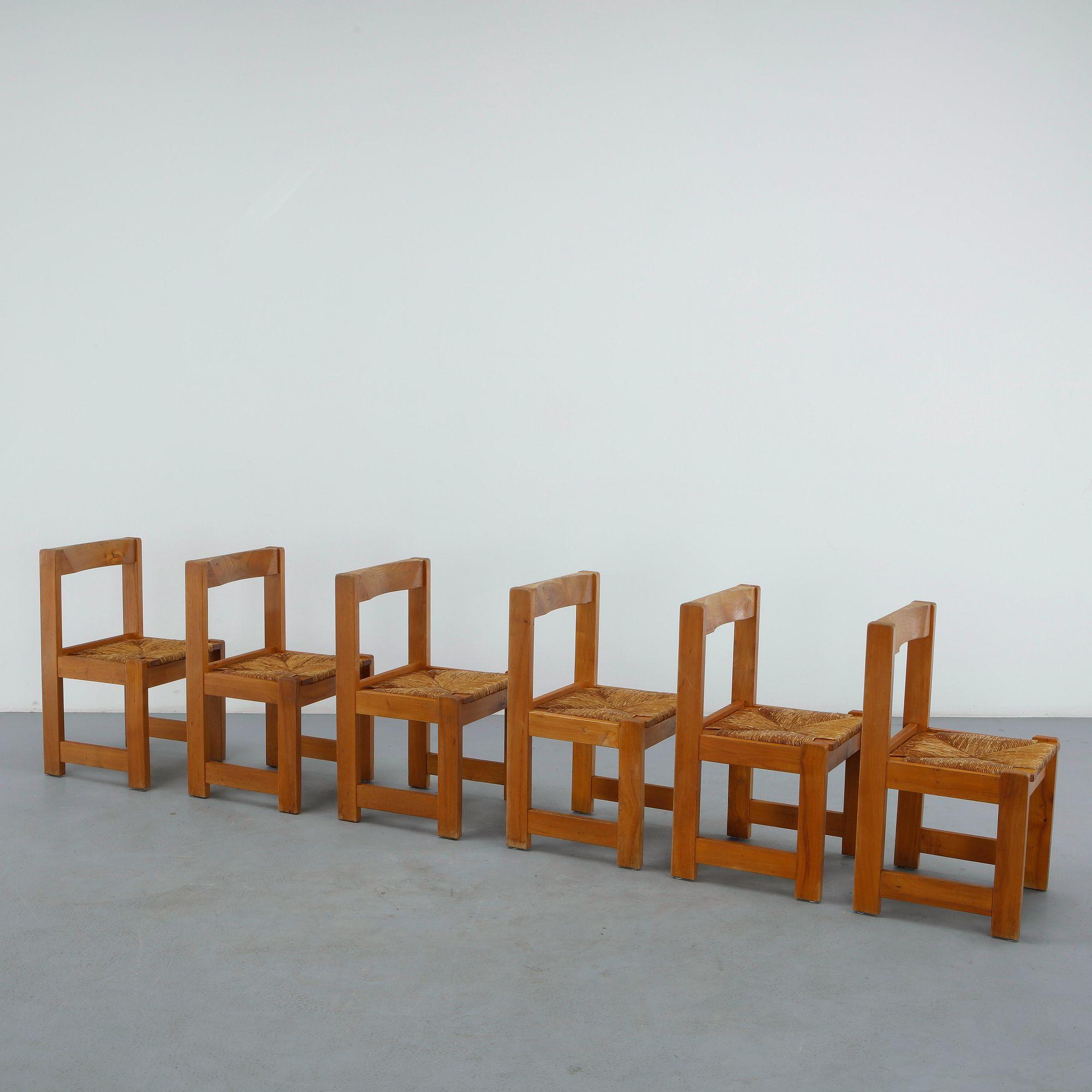 Maison Regain, Set of Six Wood and Rope Chairs, 1960s