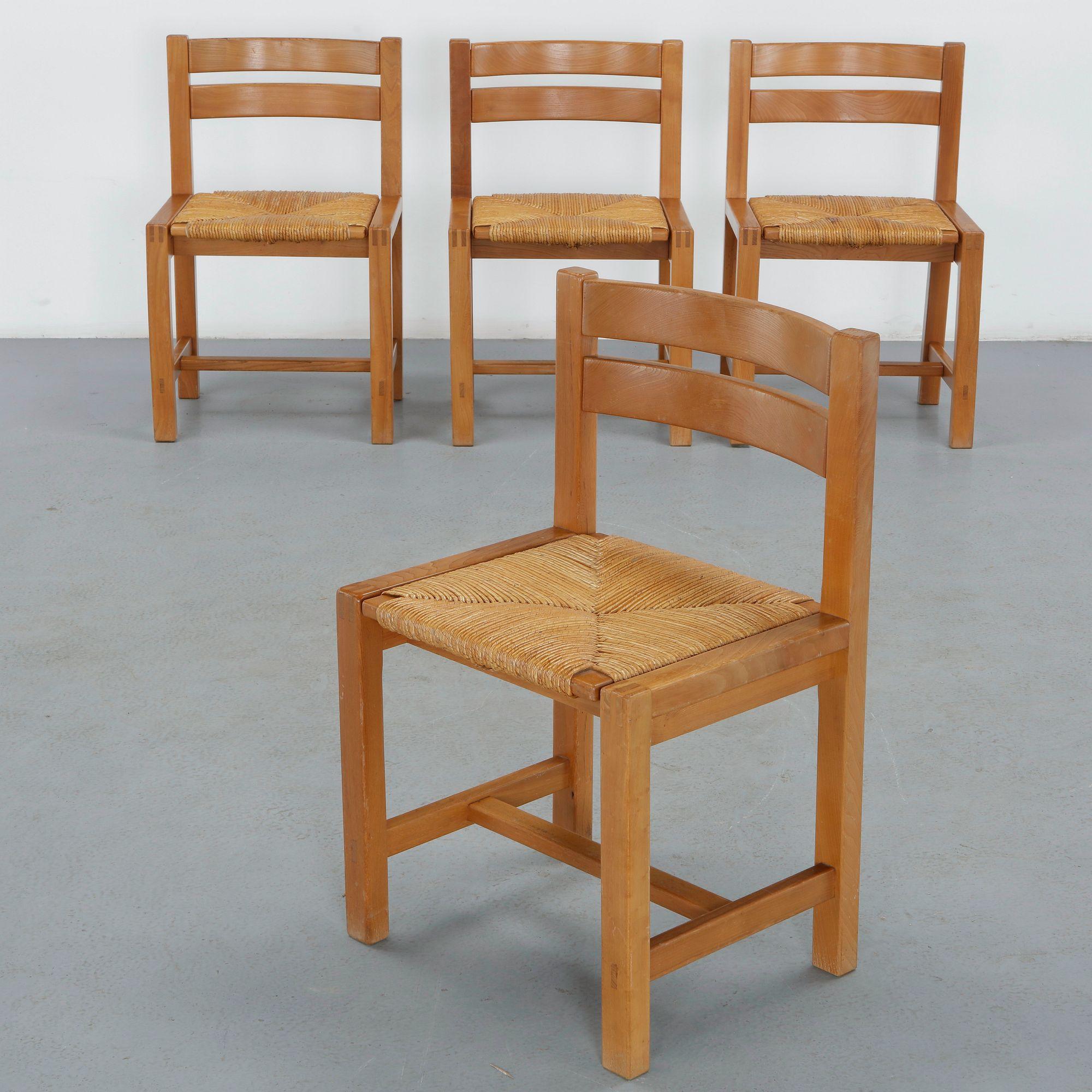 Maison Regain, Set of Four Elm Chairs, 1960s