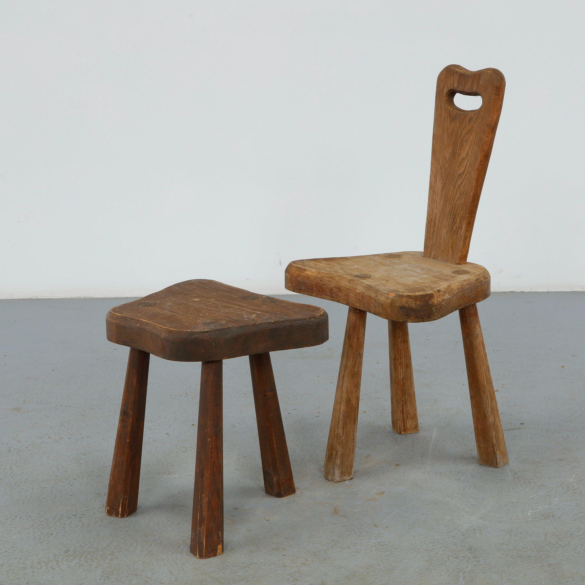 Pair of Hand-Carved Rustic Chair and Stool, 1960s