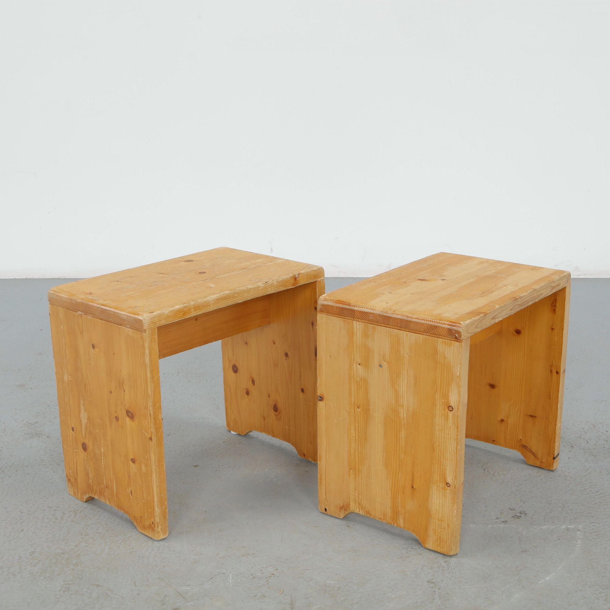 Charlotte Perriand for Les Arcs 1600, Pair of Pine Stools, 1960s