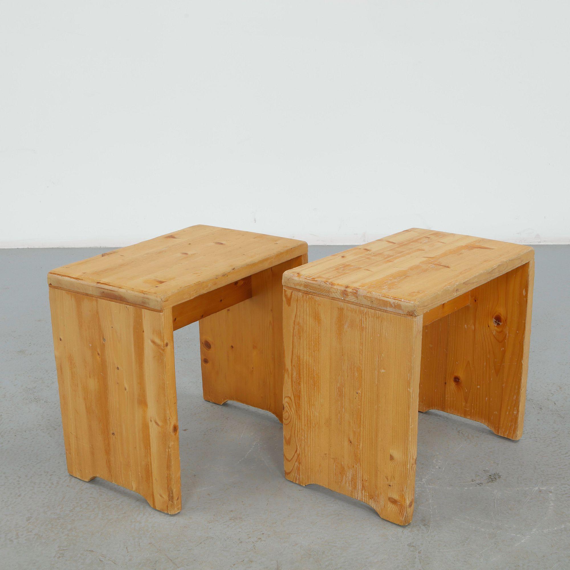 Charlotte Perriand for Les Arcs 1600, Pair of Pine Stools, 1960s