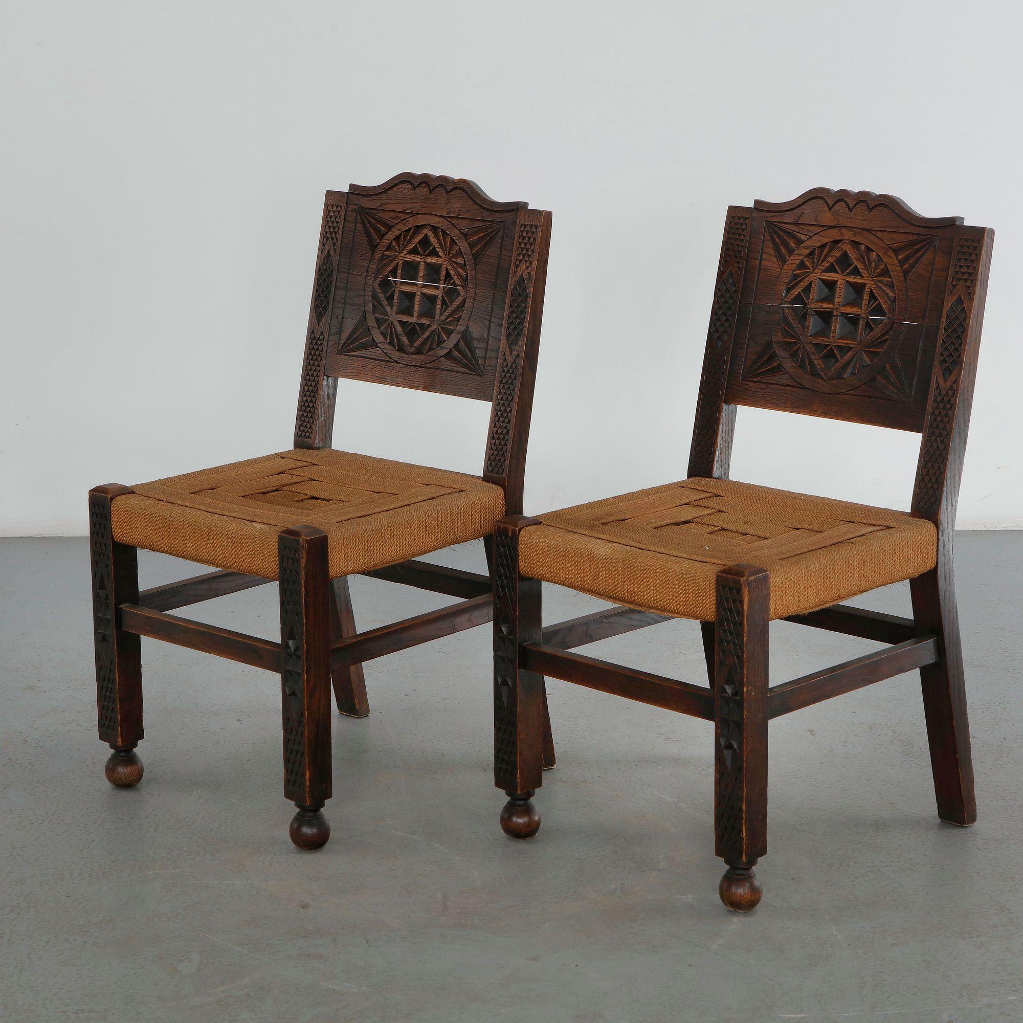 Pair of Wood and Rope Chairs in the style of Charles Dudouyt, 1950s