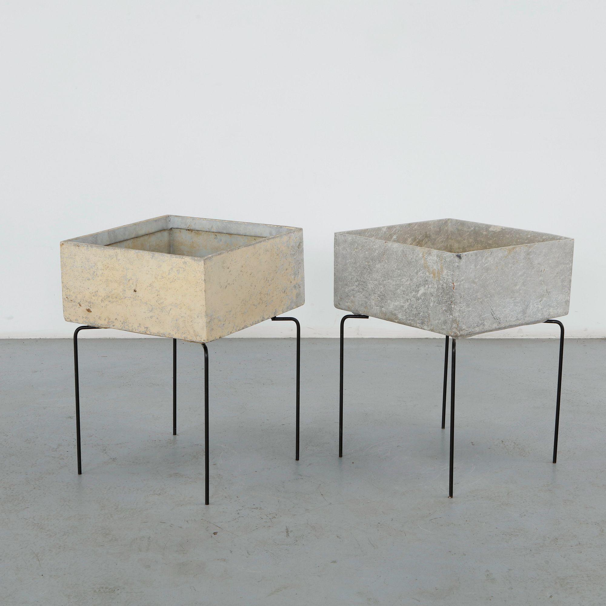Willy Guhl, Pair of Square Planters on Metal Stands, 1960s