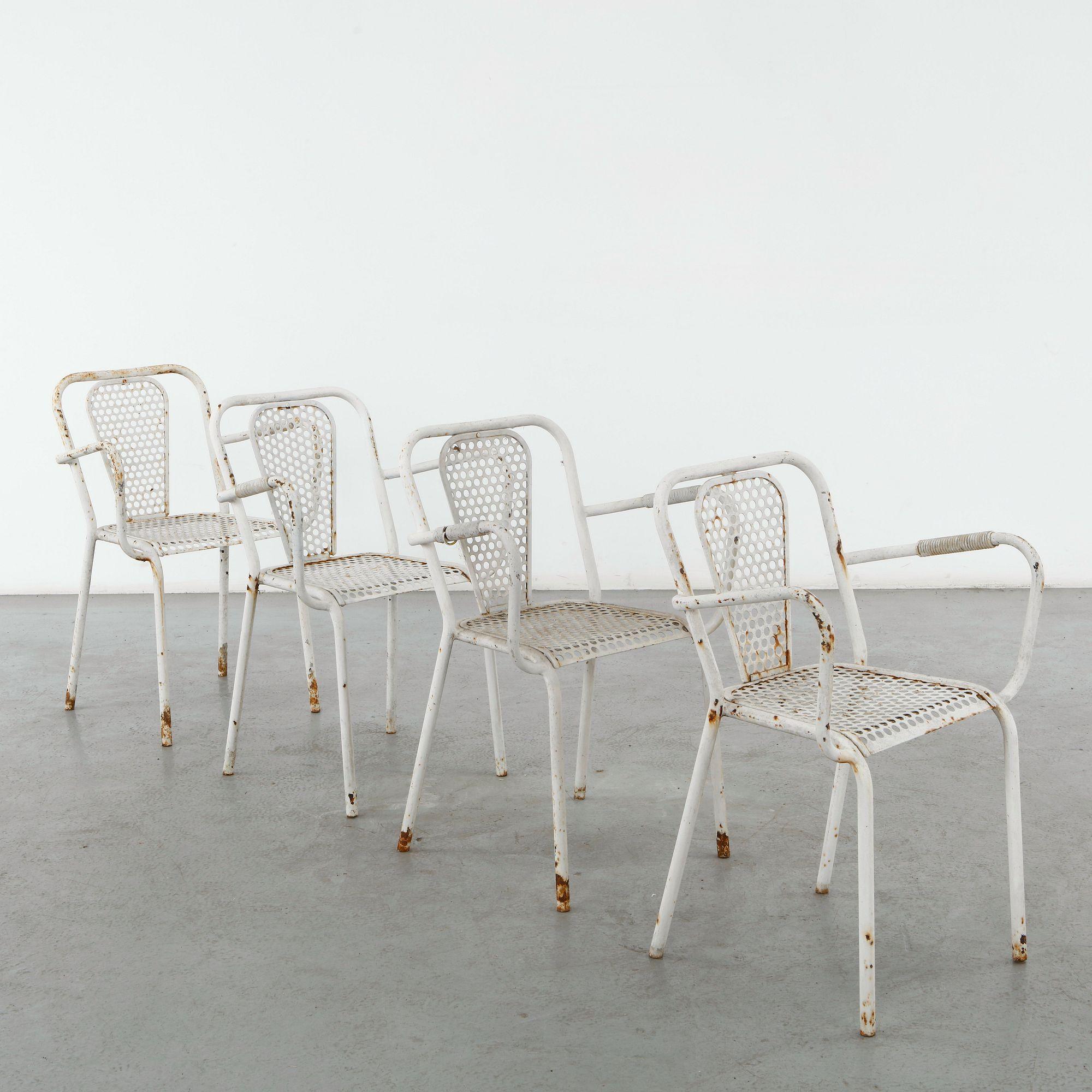 Rene Malval, Set of Four Perforated Metal Armchairs, 1960s
