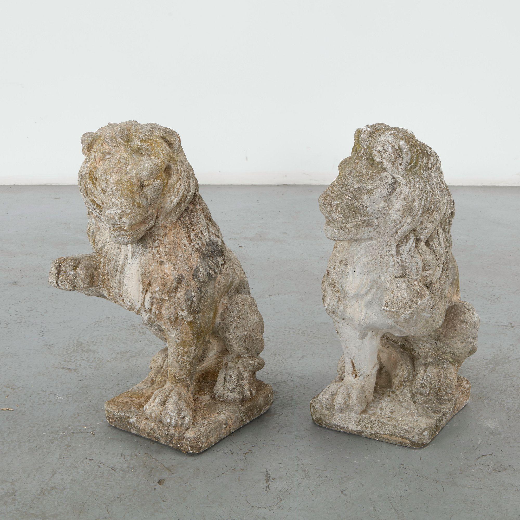 Pair of Cast Stone Lion Garden Sculptures, 1960s
