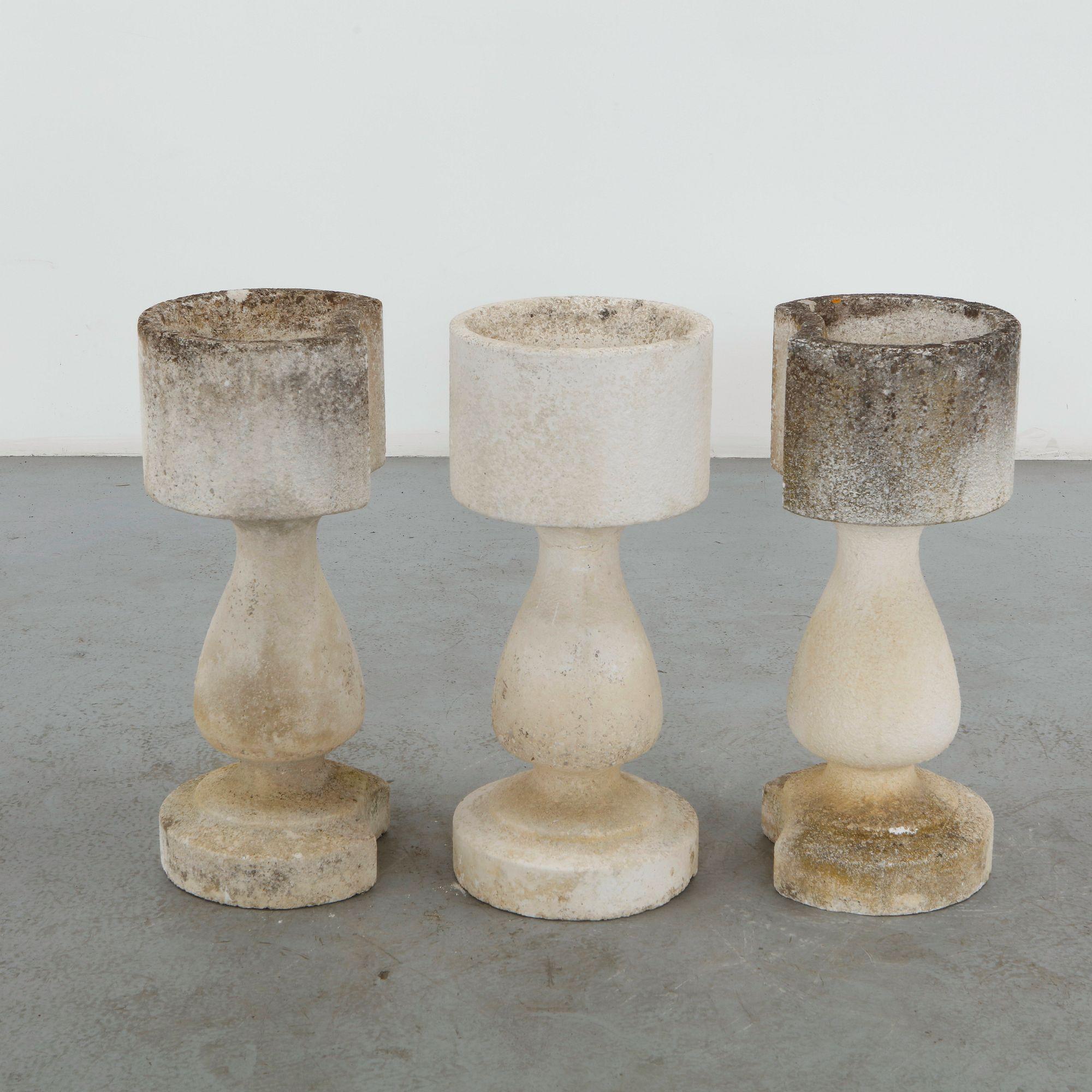 Set of Three Cast Stone Pedestal Planters, Mid-20th Century