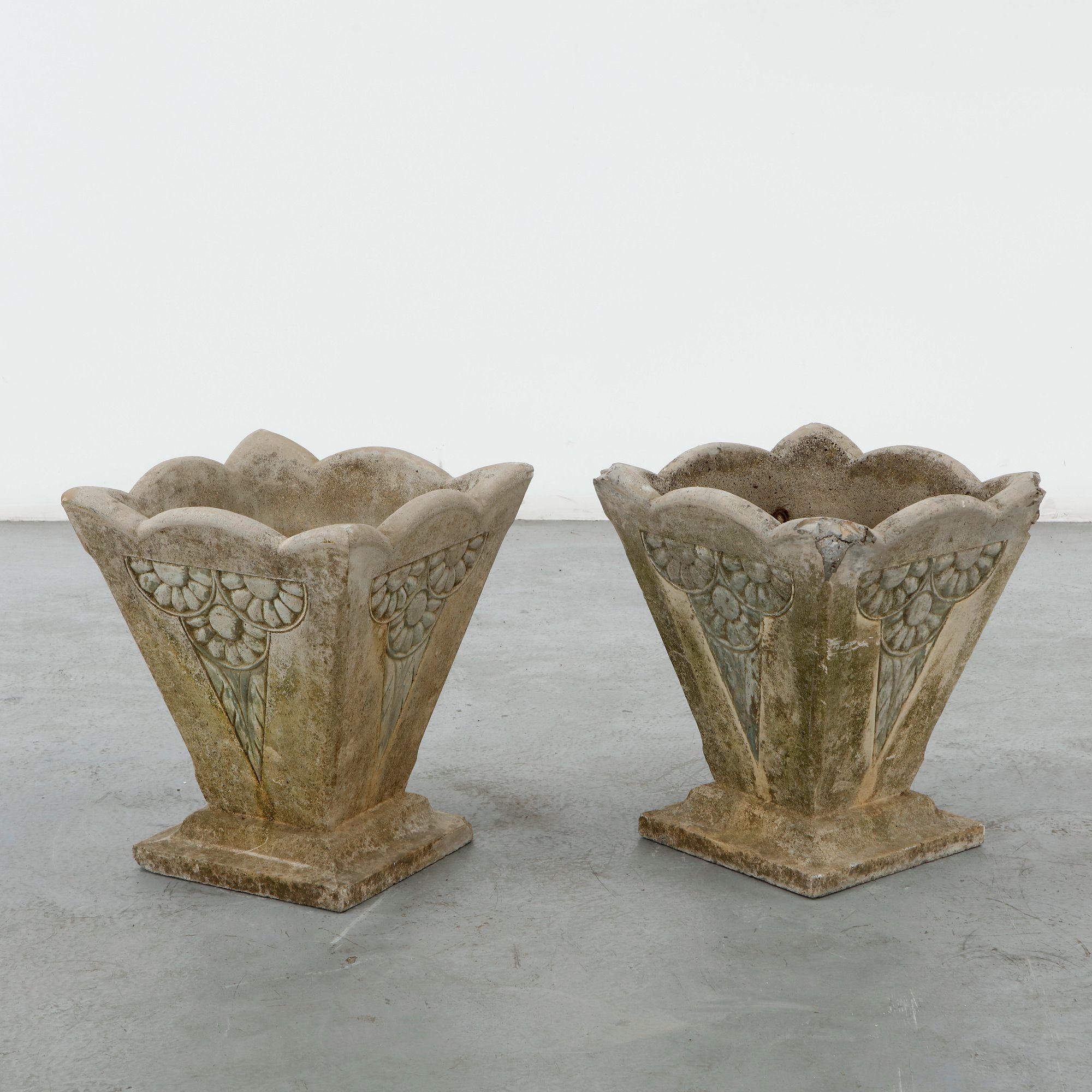 Pair of Floral Motif Stone Planters, 1930s