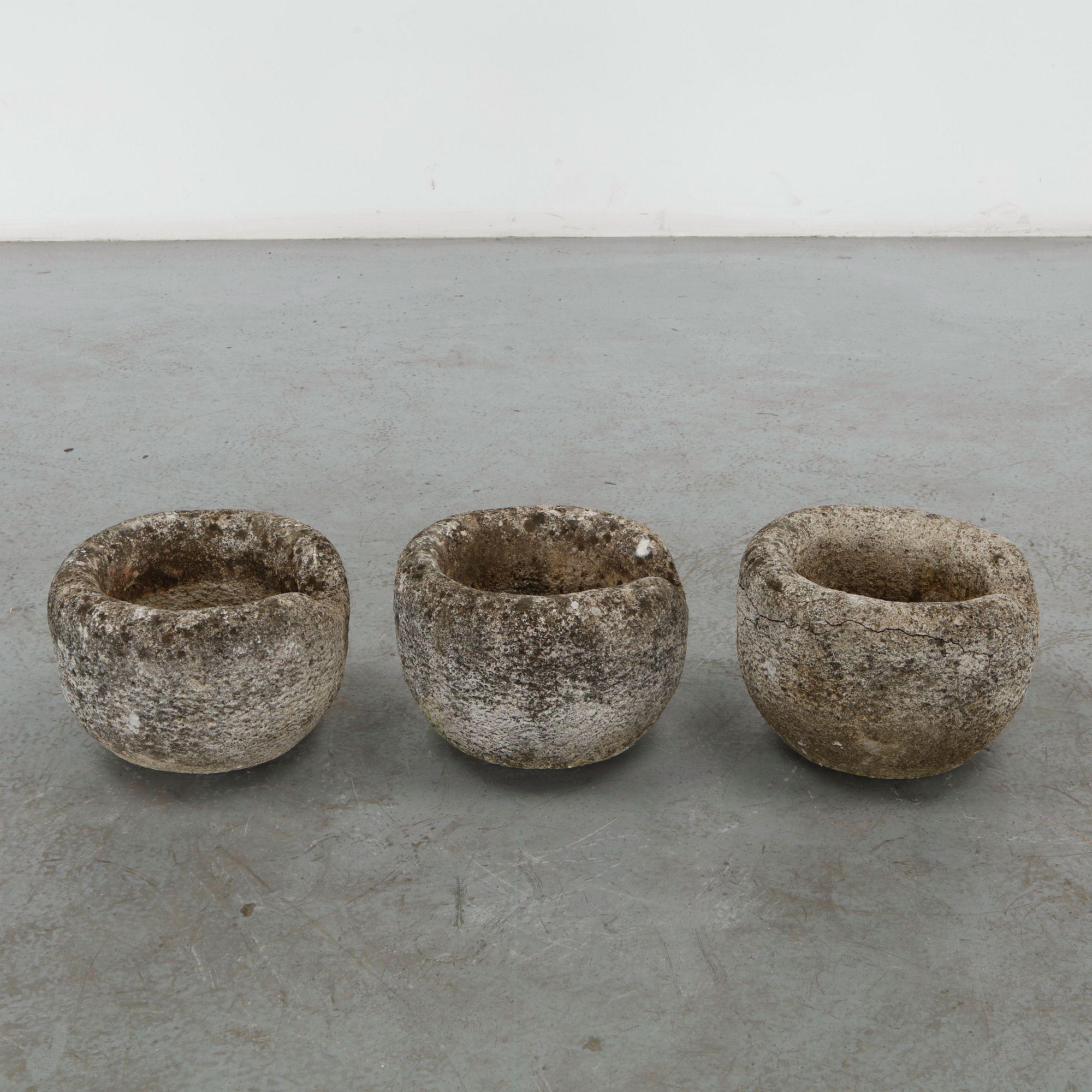 Set of Three Stone Round Planters, 1960s
