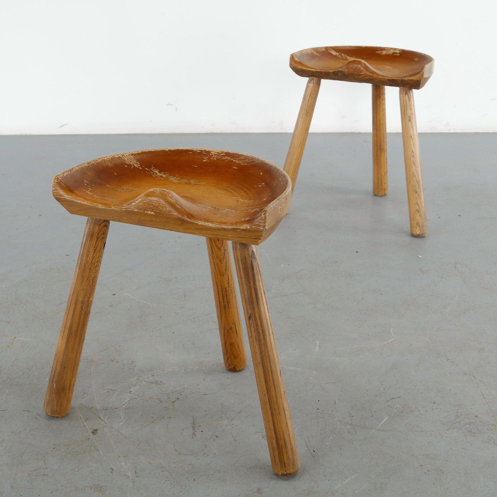 Le Selou, Pair of Brutalist Wood Stools, 1960s