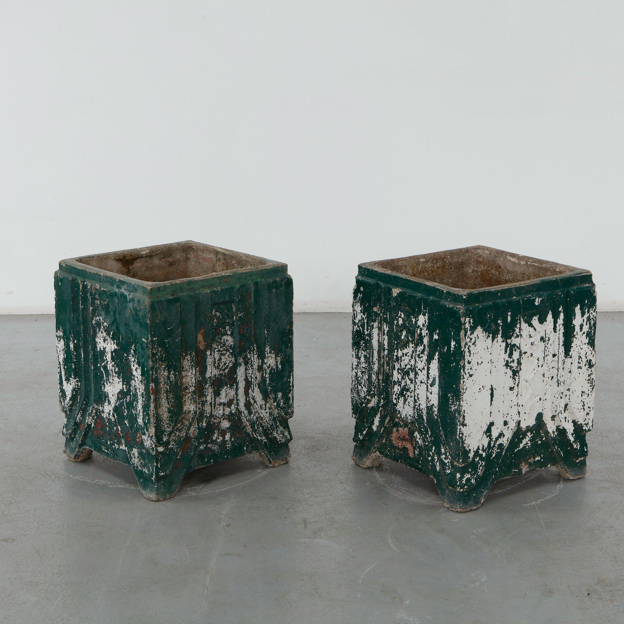 Pair of Monumental Green Concrete Planters, 1960s