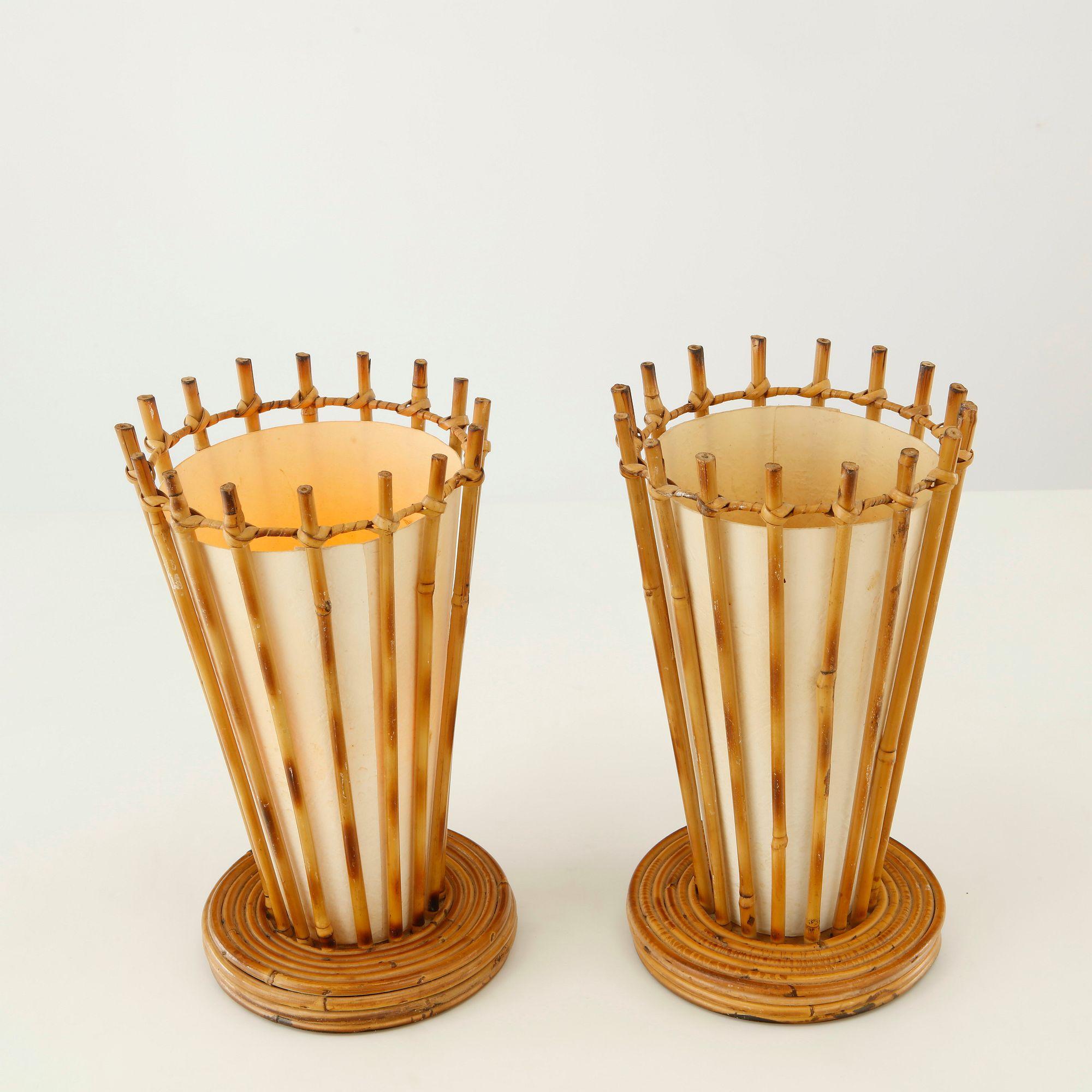 Louis Sognot, Pair of Bamboo Table Lamps, France, 1950s