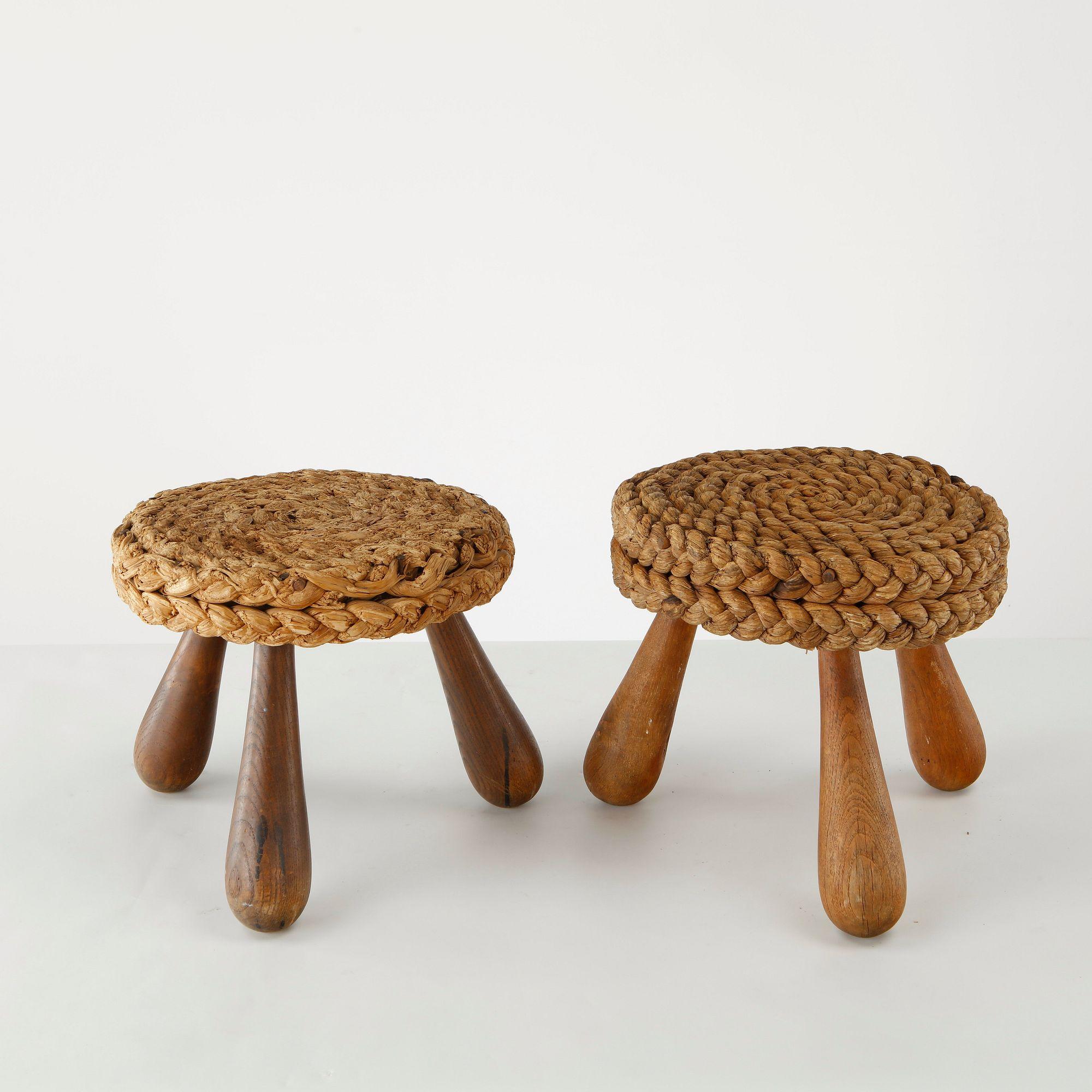 Audoux Minet, Pair of Wood and Rope Stools, France, 1960s