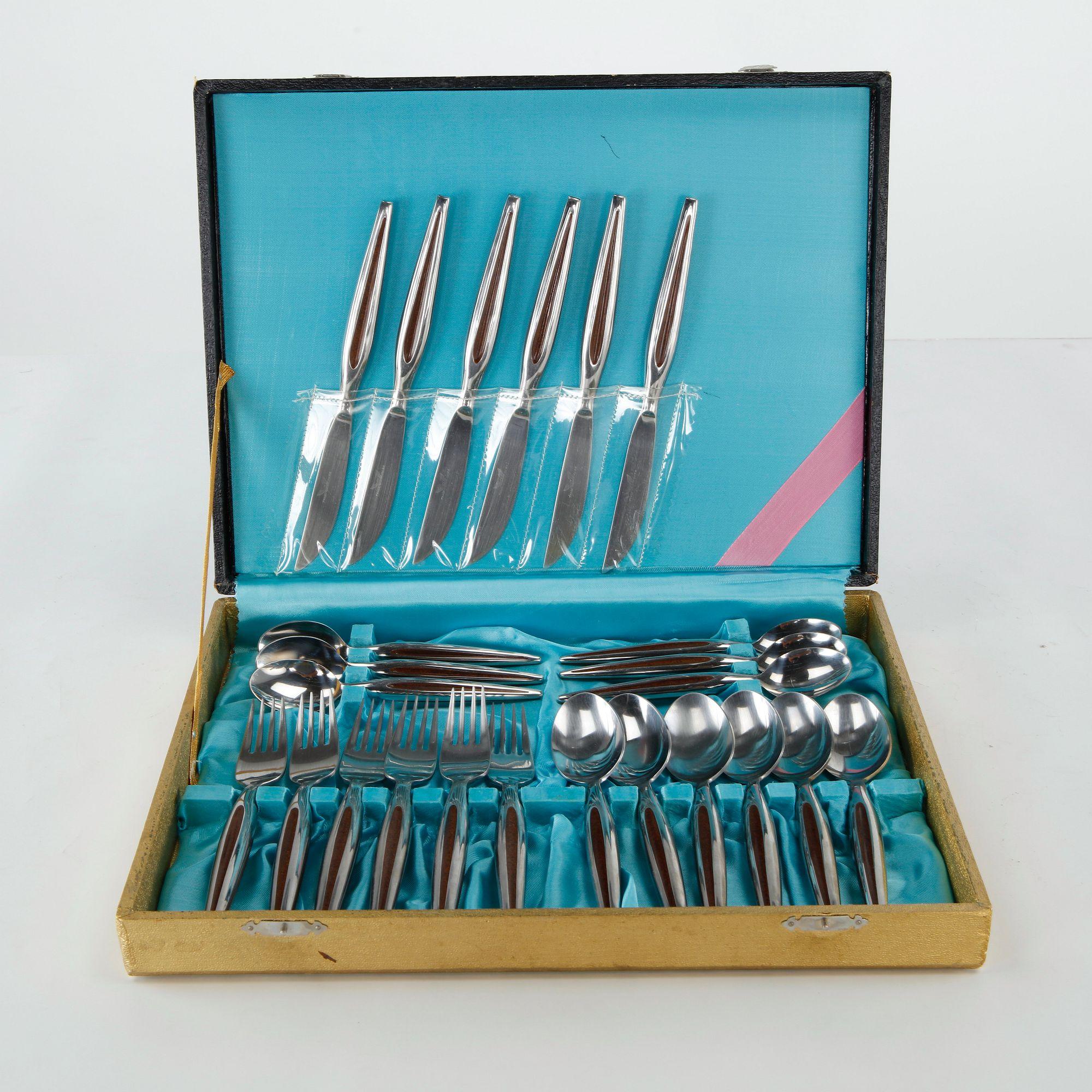 RTM Japan, Mid-Century Stainless Steel Flatware Set with Teak Handles, 1970s