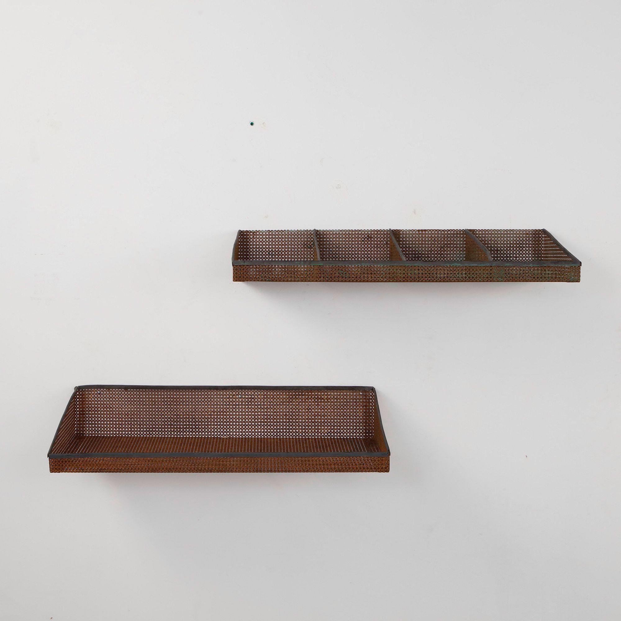 Mathieu Mategot, Pair of Perforated Metal Wall Shelves, 1950s
