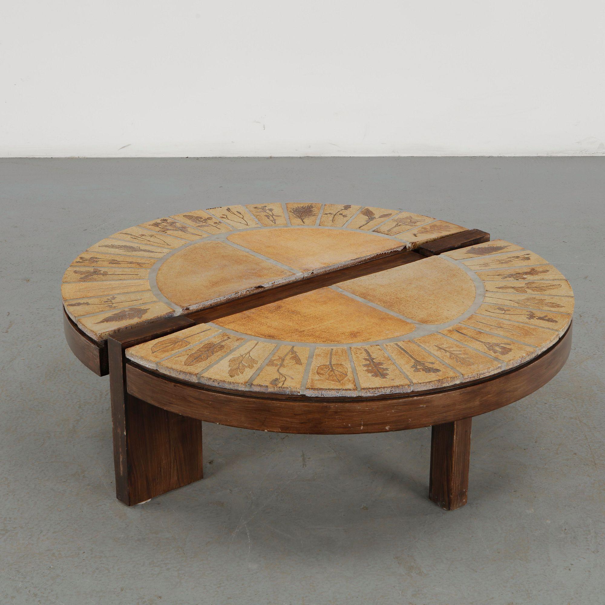 Roger Capron round coffee table with a wooden frame inset with hand-decorated ceramic tiles in a radial botanical pattern