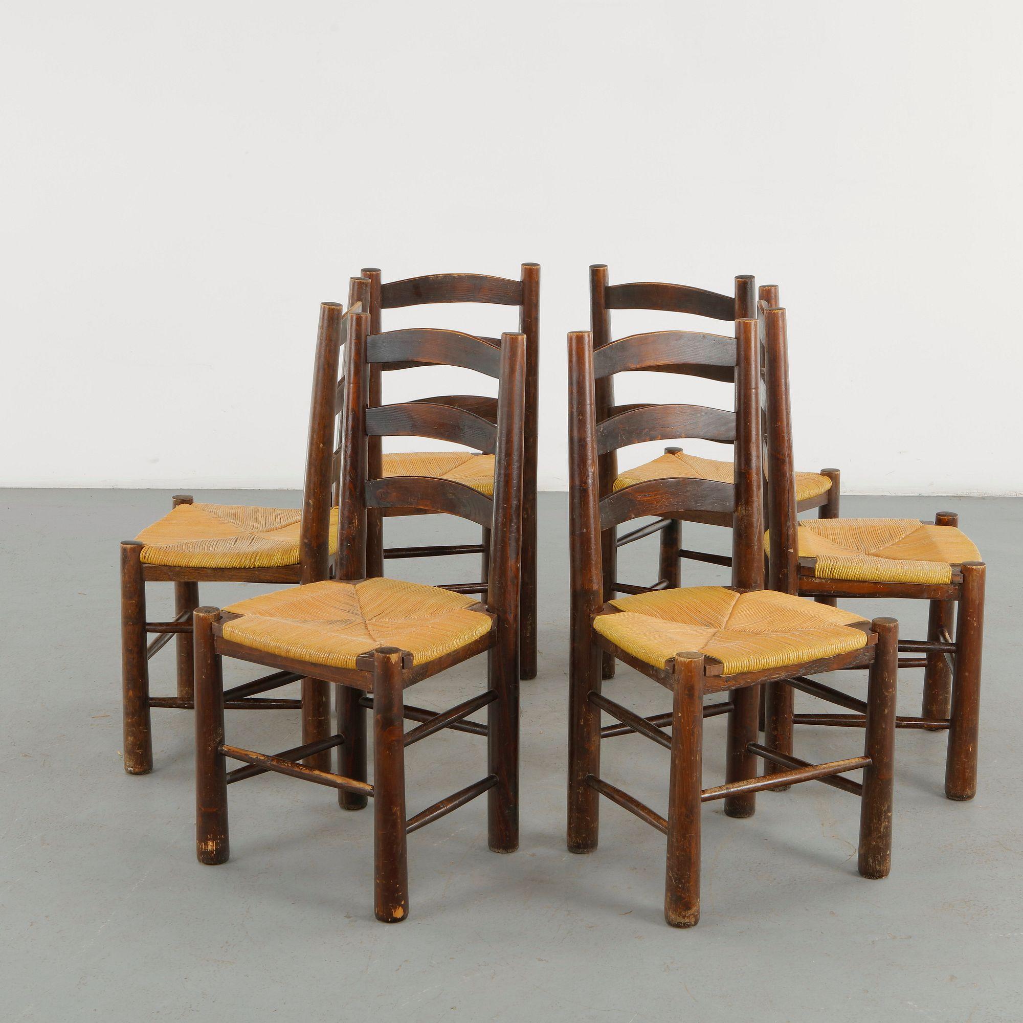 Charles Dudouyt, Set of Six Ladder Back Dining Chairs, 1960s