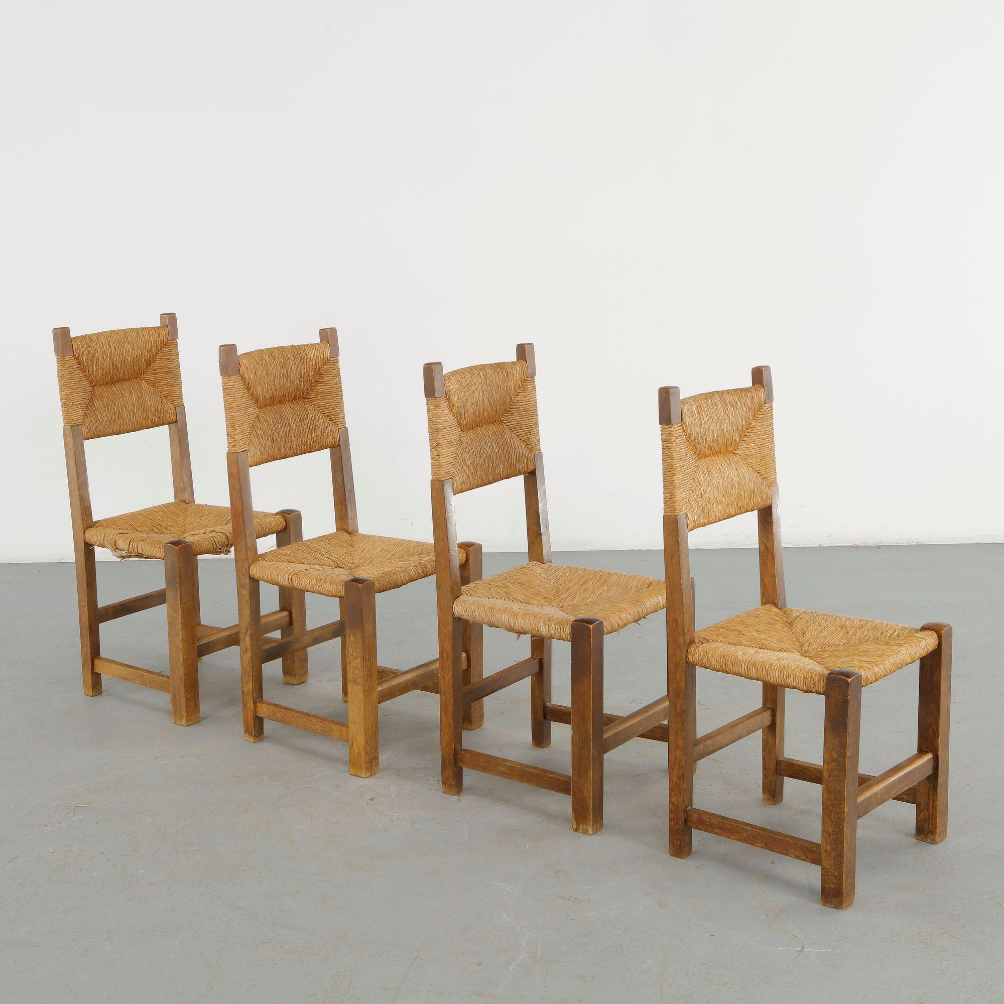Pierre Gauthier Delaye, Set of Four Rope and Wood Chairs, 1960s