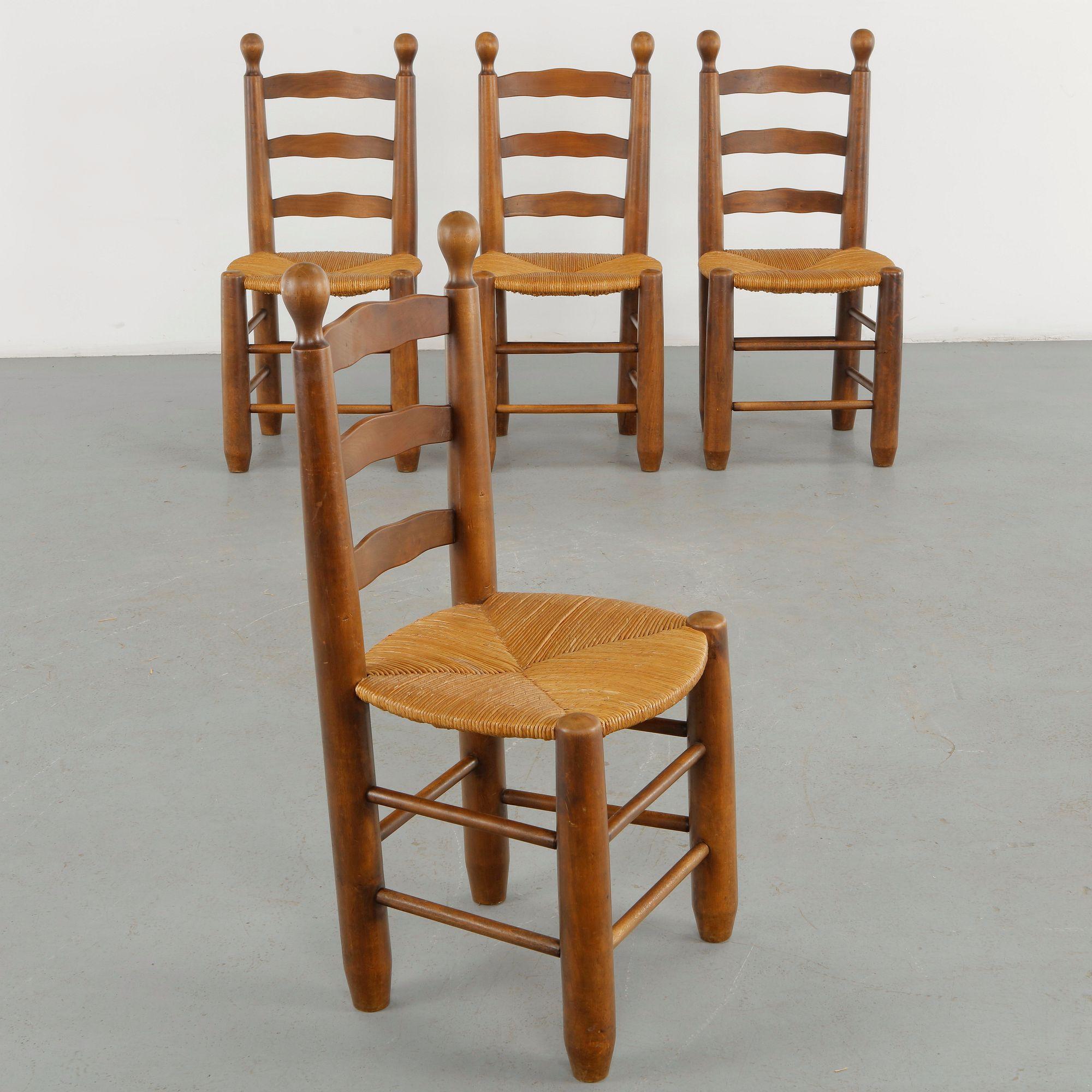 Charles Dudouyt, Set of Four Rope and Wood Chairs, 1960s