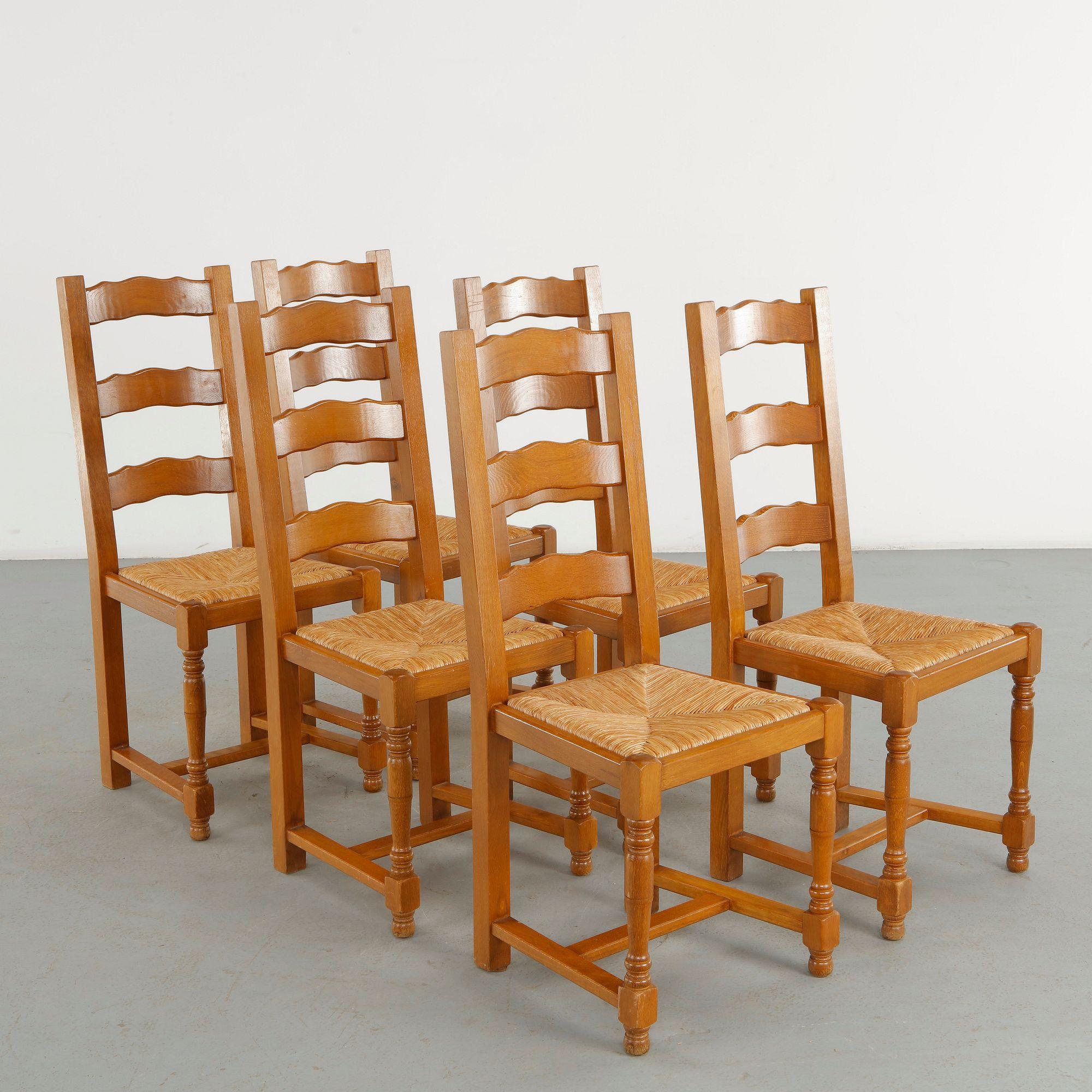Set of Six High Back Wood and Rope Chairs, 1960s