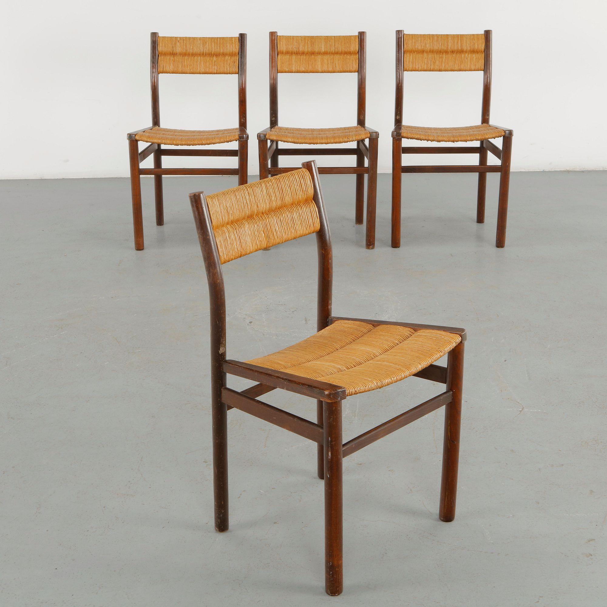 Set of four Pierre Gauthier-Delaye Weekend chairs with undulating ladder backs and woven rope seats