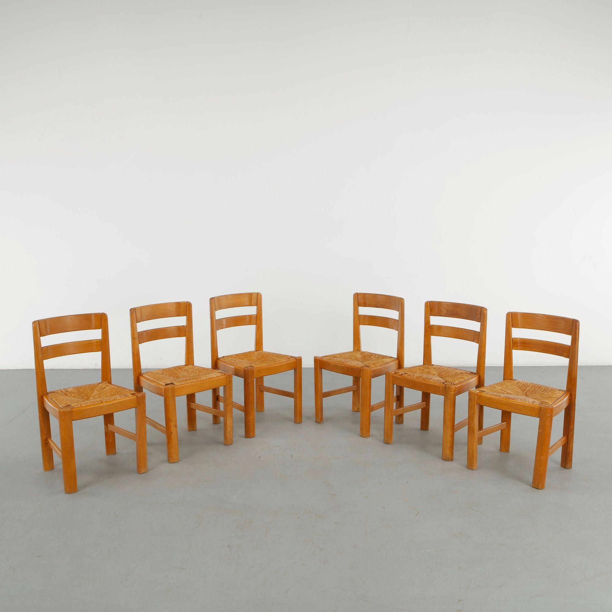 Maison Regain, Set of Six Rope and Wood Chairs, 1960s