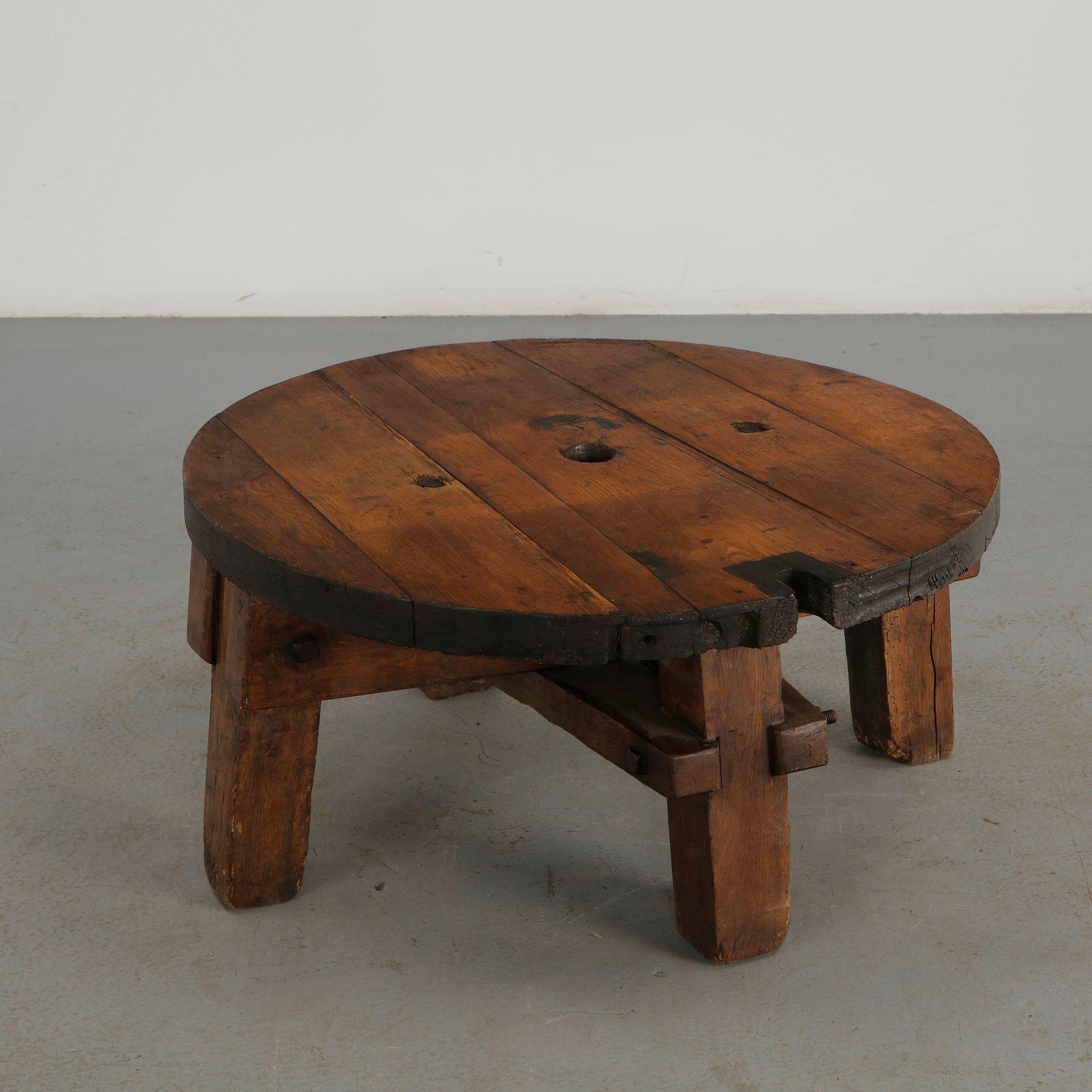 Brutalist Reclaimed Wood Round Coffee Table, 1960s