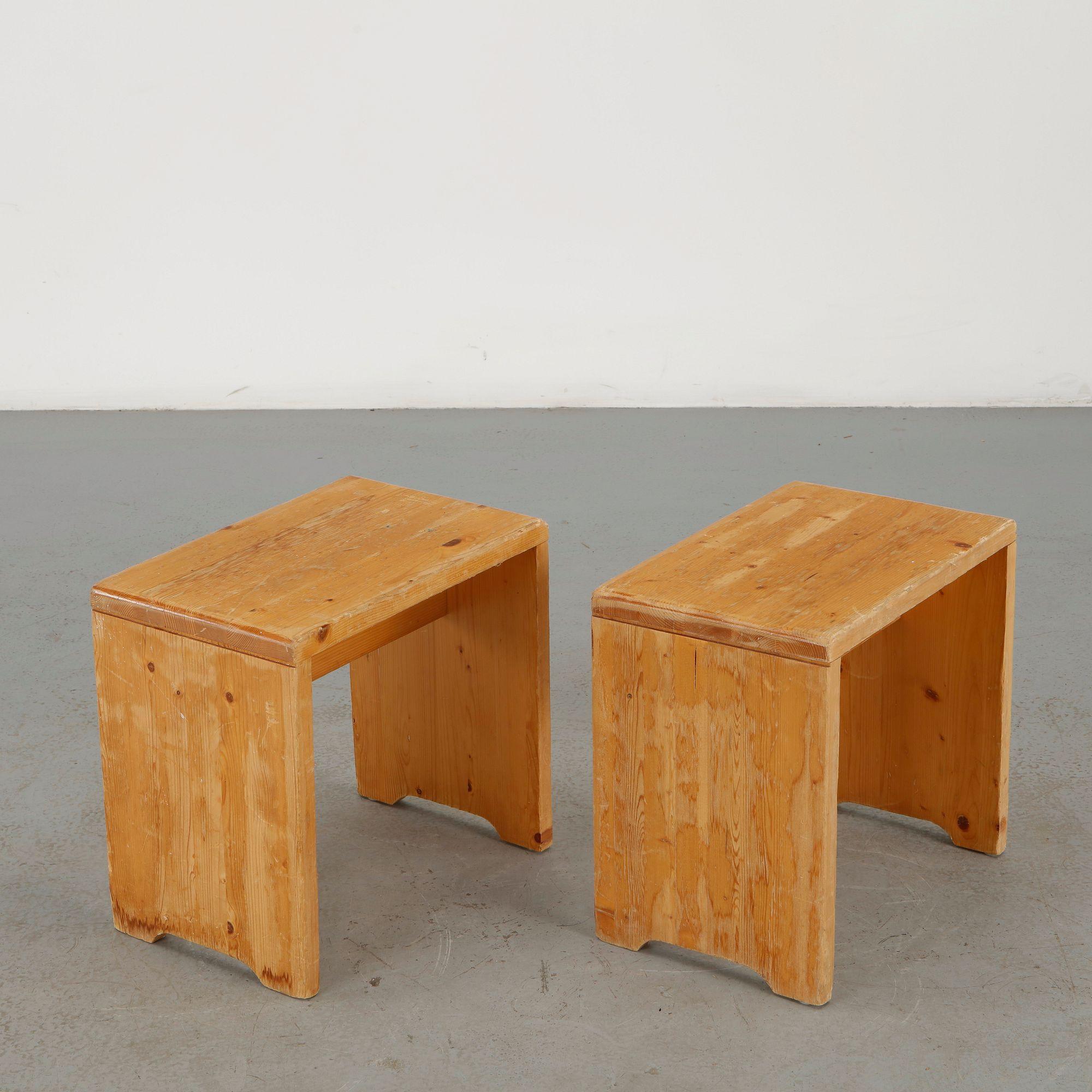 Charlotte Perriand for Les Arcs 1600, Pair of Pine Stools, 1960s