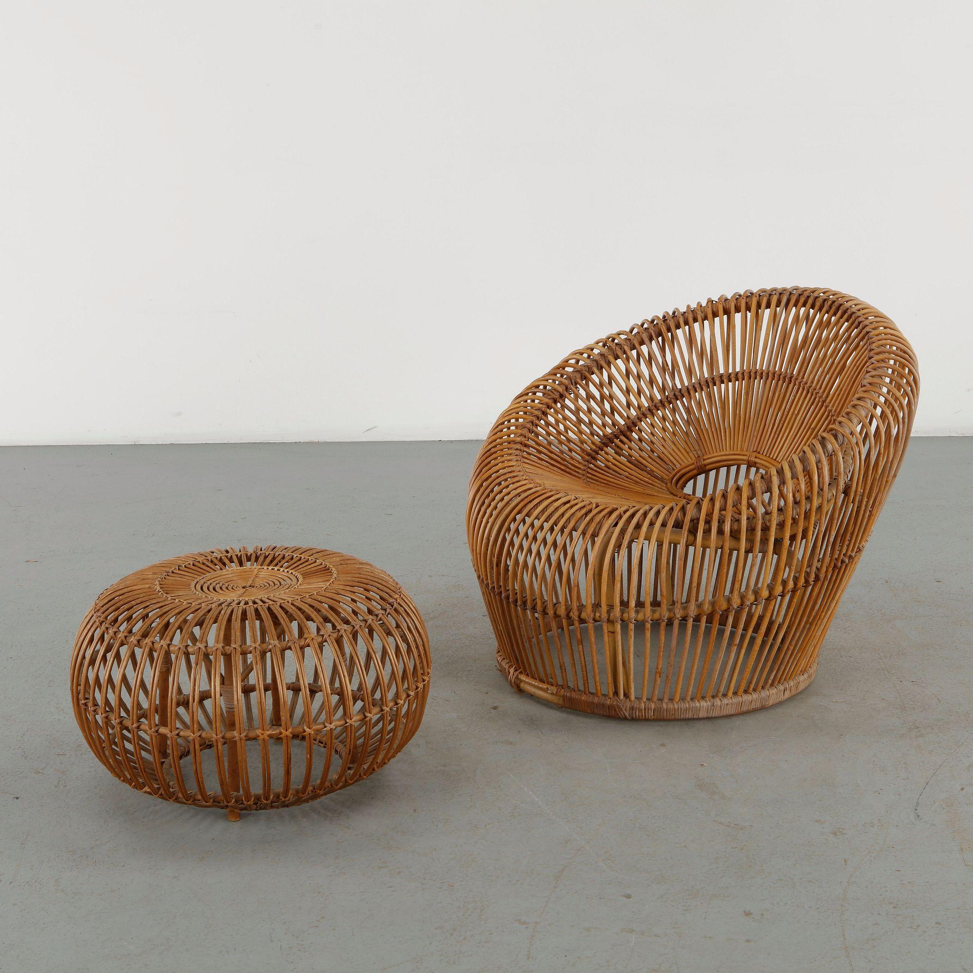 Franco Albini, Rattan Armchair and Ottoman, Italy, 1960s