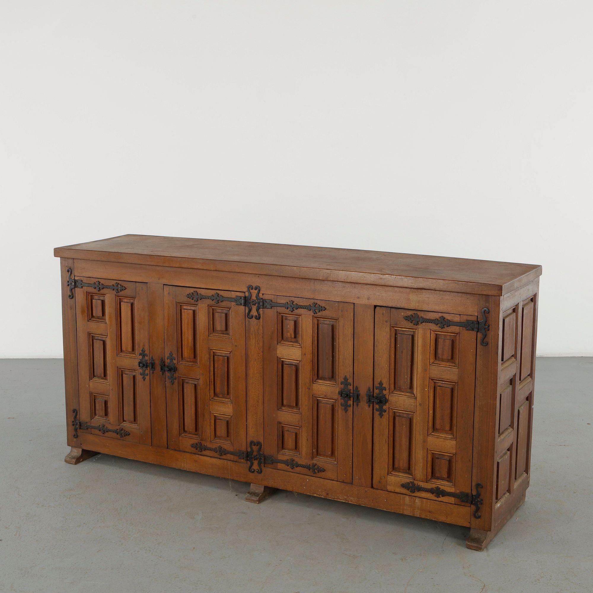 French Brutalist, Architectural Wood Sideboard, 1960s
