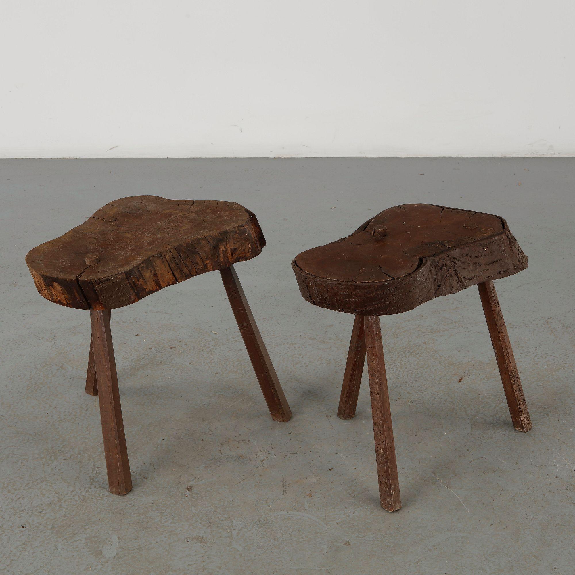 Pair of Brutalist Live Edge Wood Stools, 1960s